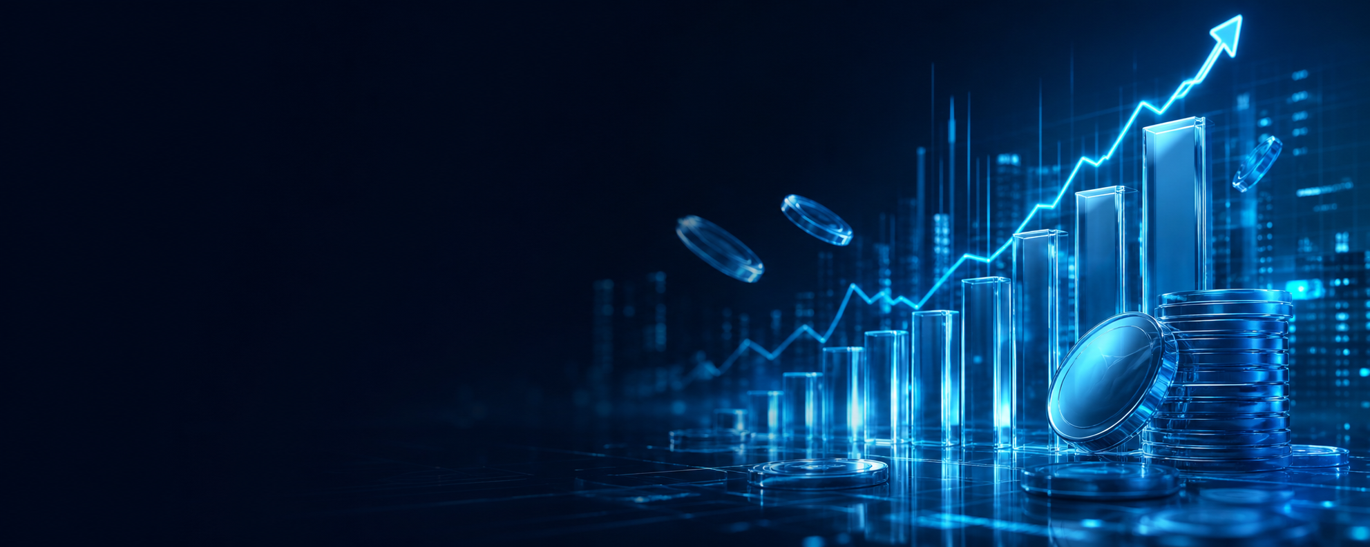 Blue glass market chart rising beside stacked digital coins
