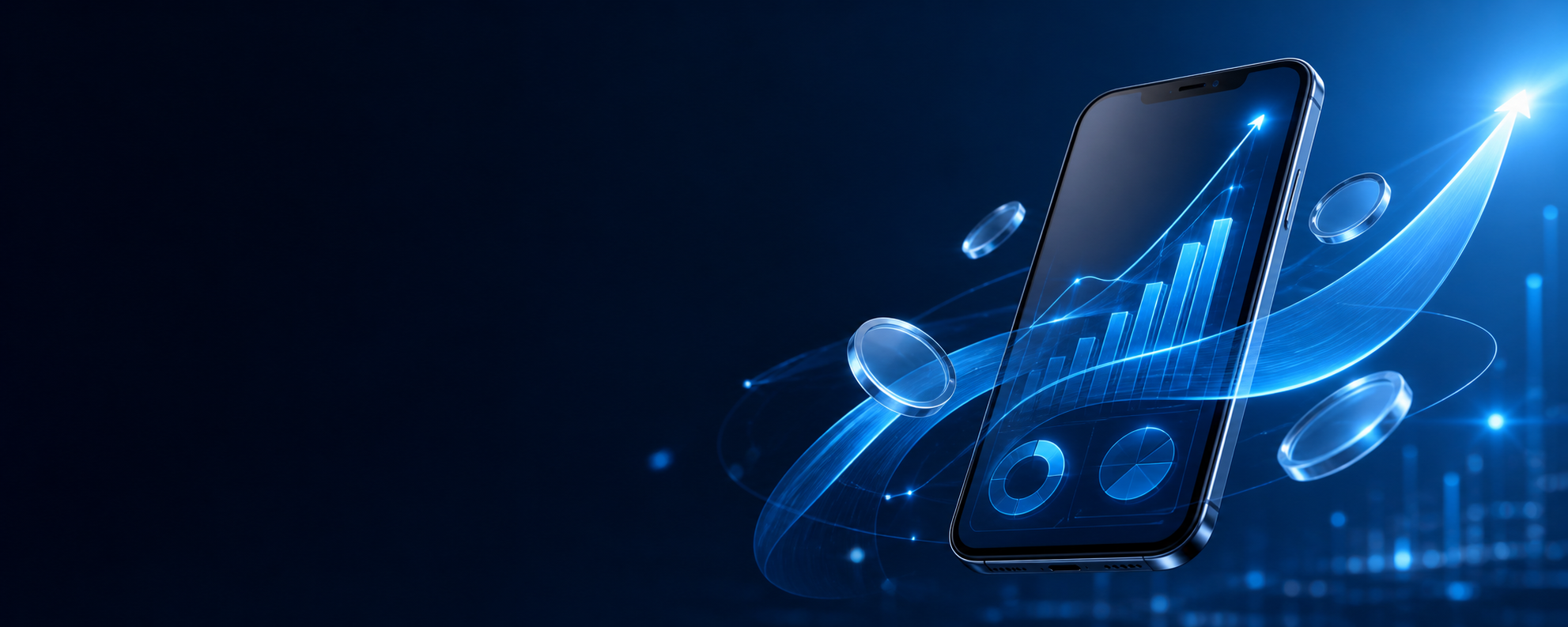 Floating mobile investment dashboard with upward chart